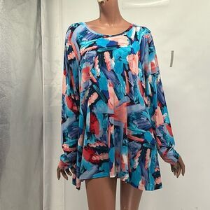 LOGO Lori Goldstein XL. Rayon Multicolor Scoop Neck Long Sleeve Tunic Top